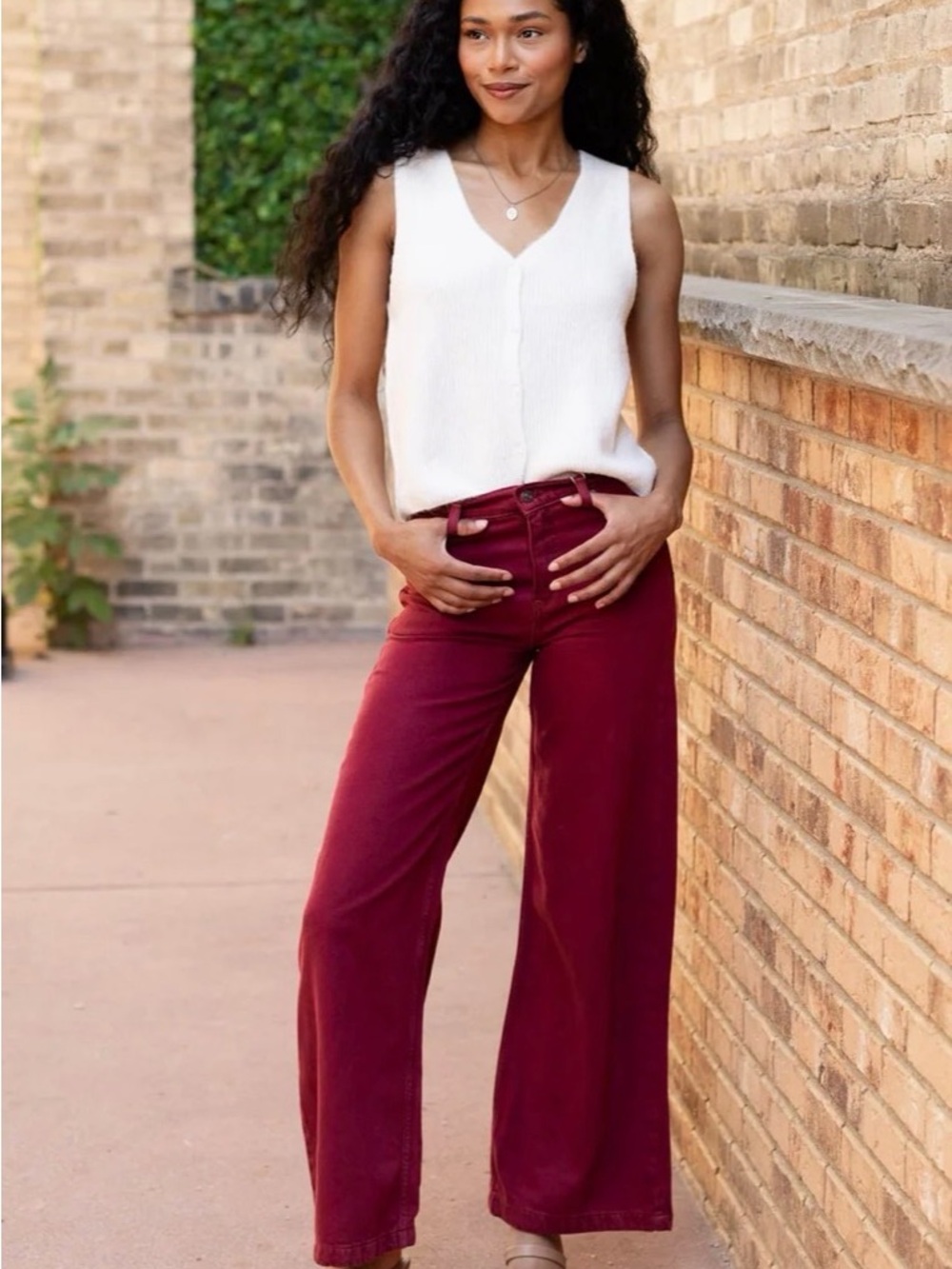 Free People High-Rise Wide-Leg Jeans in Burgundy